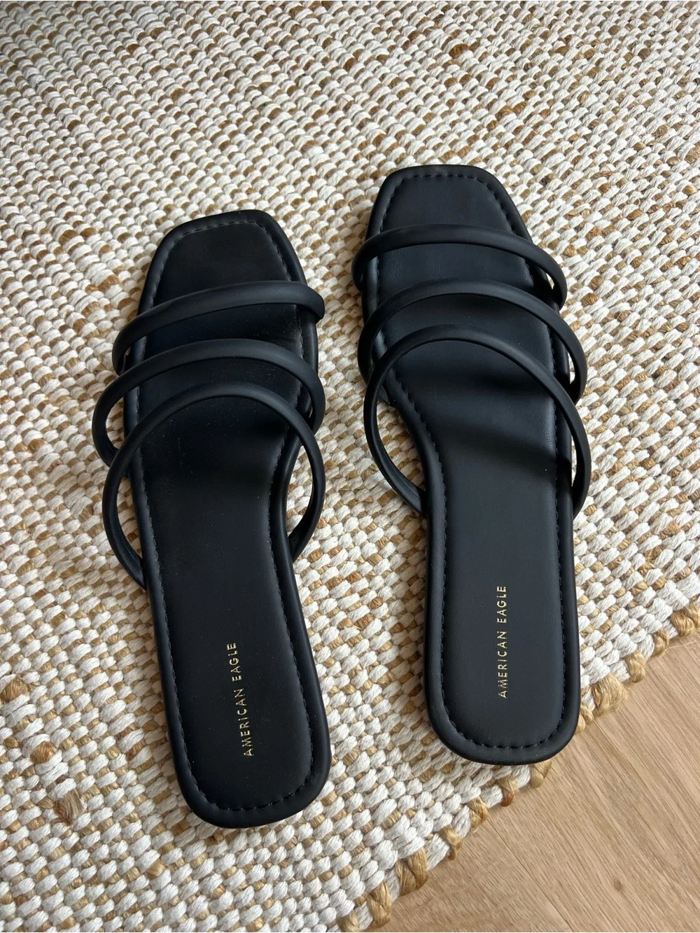 American Eagle Outfitters Black Triple-Strap Square-Toe Slide Sandals